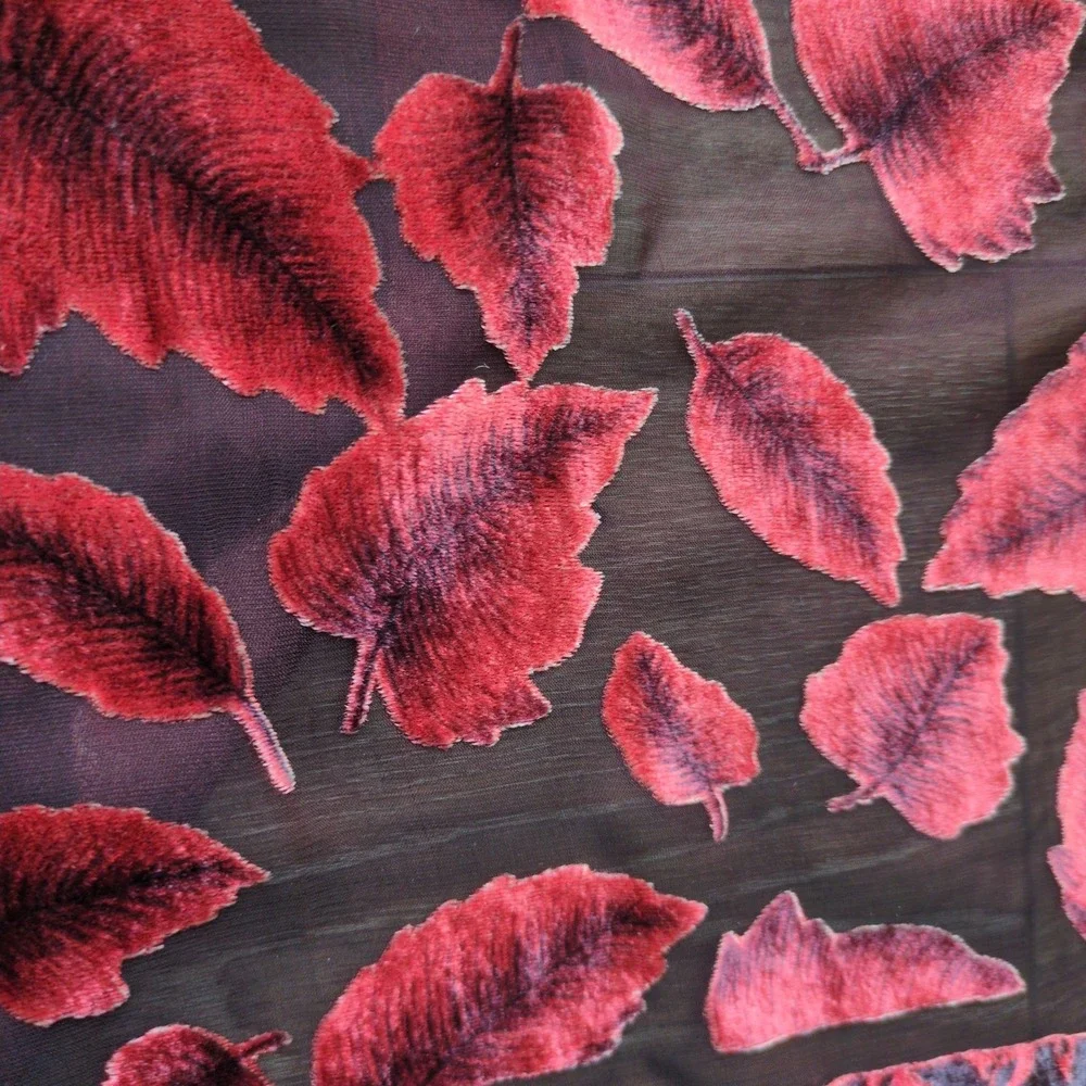 Silk Blend Velvet Burnout Scarf Red Burgundy Black Leaf Print Whimsigoth Fairy